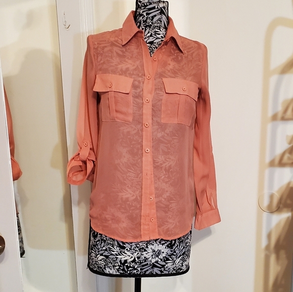 Button front chiffon long sleeves  buttondown shirt sheer - Picture 1 of 6